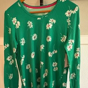 Joyspun Green Daisy Ribbed Pajama Set – Long Sleeve & Joggers – Small